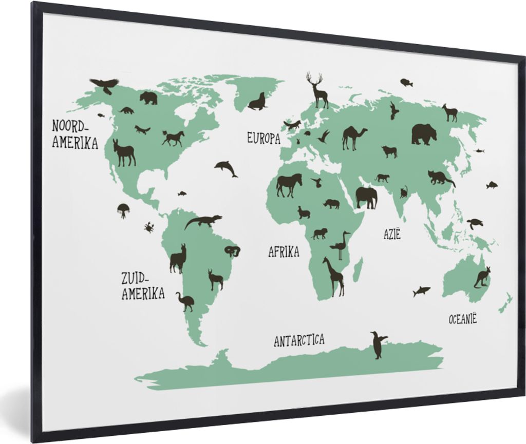 MuchoWow Gerahmtes Poster Weltkarte - Kinder - Tiere - Grün - Junge - Mädchen 90x60 cm - Poster mit Schwarzem Bilderrahmen Wandposter Rahmen Fo...
