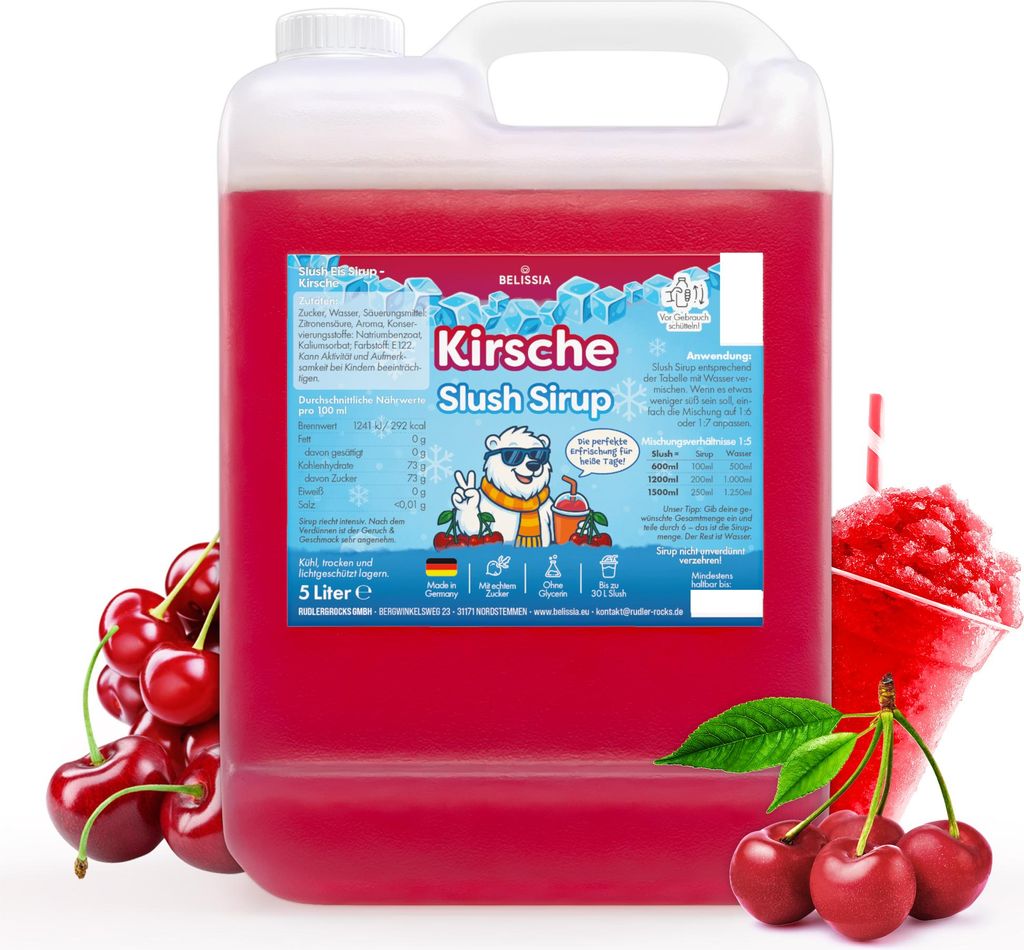 Belissia Slush Eis Sirup 5L Konzentrat | Kirsch Geschmack | sehr ergiebig in knalligen Farben (1:5) | Glycerin frei