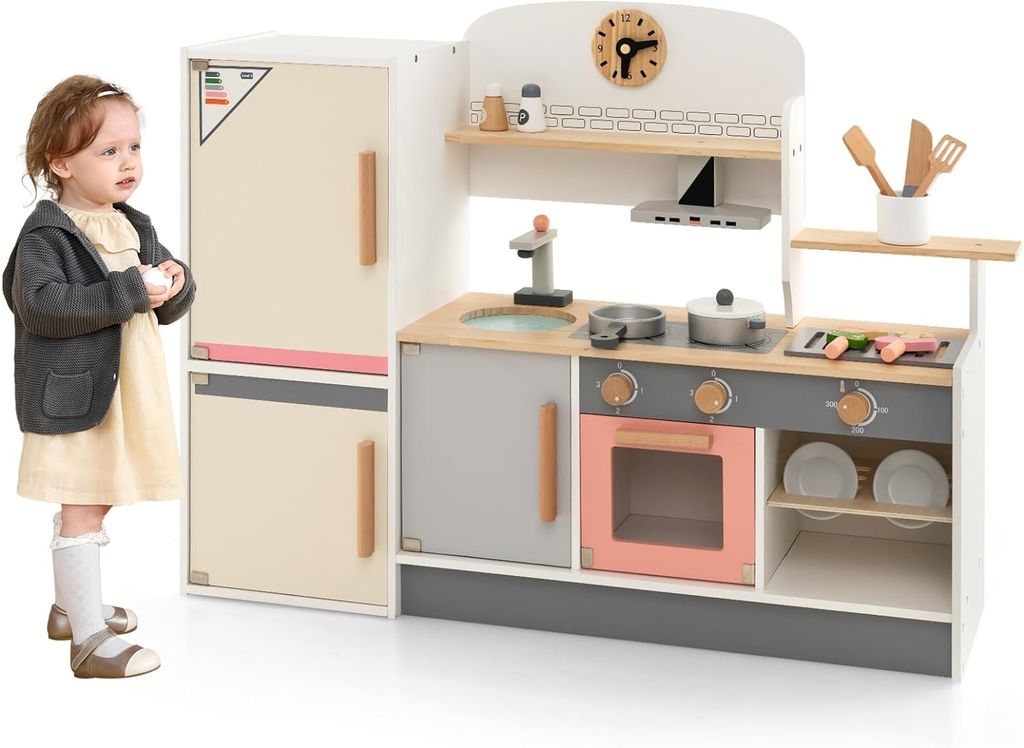 GOPLUS Kinderküche aus Holz, Multifunktionale Kinderspielküche mit Kühlschrank, Backofen, Wasserbecken & 2 Kochfelder, Spielzeugküche mit Spiel...