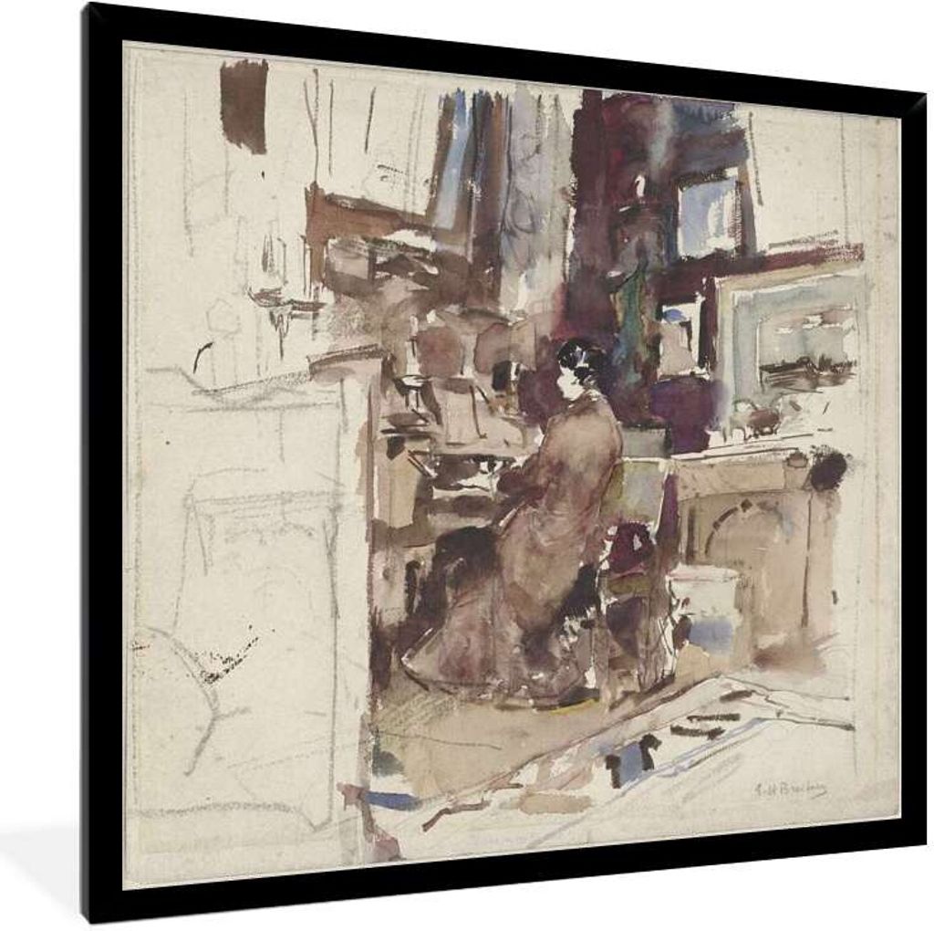 MuchoWow Gerahmtes Poster Dame im Atelier hinter Harmonium - Gemälde von George Hendrik Breitner 40x30 cm - Poster mit Schwarzem Bilderrahmen Wa...