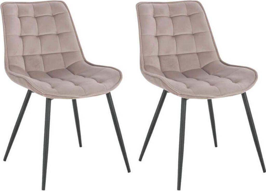 Two beige upholstered dining chairs with black metal legs are shown against a white background.