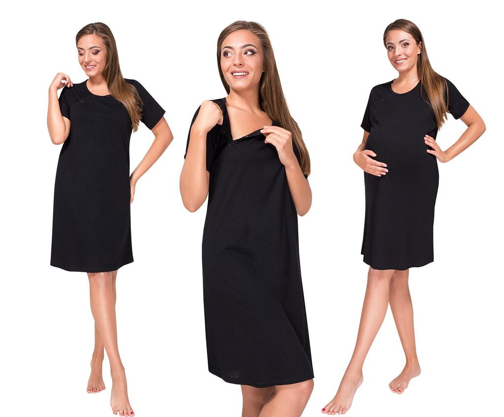 Dolce Sonno Still- & Umstandsnachthemd – komfortables Baumwoll-Nachthemd für Schwangere - schwarz, Größe S