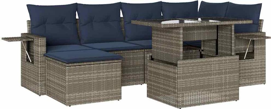 vidaXL 7-teiliges Gartensofa-Set mit Kissen, grau, Polyrattan