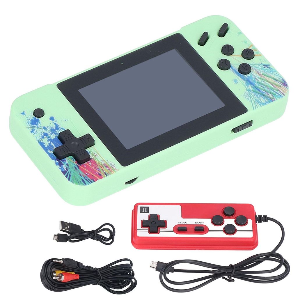 A handheld game console and its accessories are displayed against a white background.