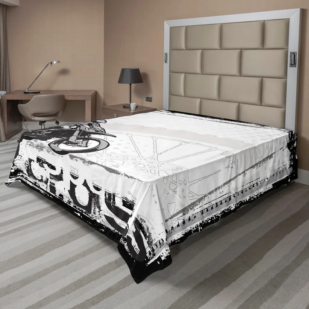 Drap de lit souple imprimé Pilote Moto style Grungy Noir et Blanc 275cm