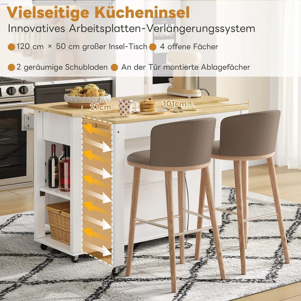 Îlot de Cuisine Extensible avec Prises Intégrées et Double Rangement - 5