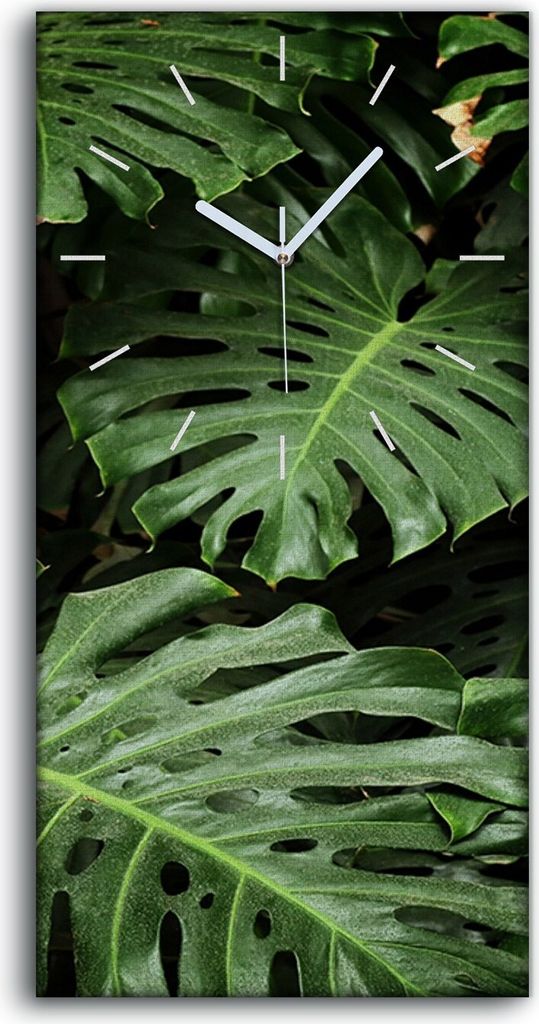 Wanduhr Uhr Wandbild Leinwand 30x60 Gemälde Blüten Pflanzen Monstera Blätter - weiße Hände