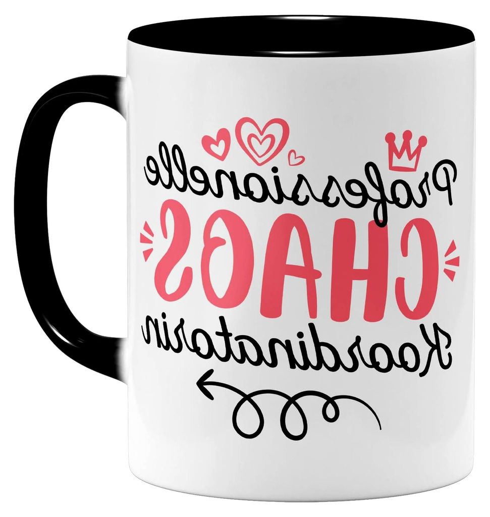 Kaffeetasse mit Spruch "Professionelle Chaoskoordinatorin" - Keramikbecher - 325 ml - Beidseitig bedruckt - Schwarz