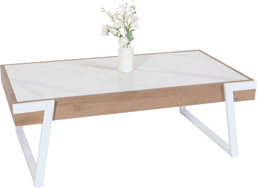 Couchtisch MWC-L89, Sofatisch Wohnzimmertisch, Eisen 43x120x64cm Sinterstein Marmor-Optik weiß Holz natur