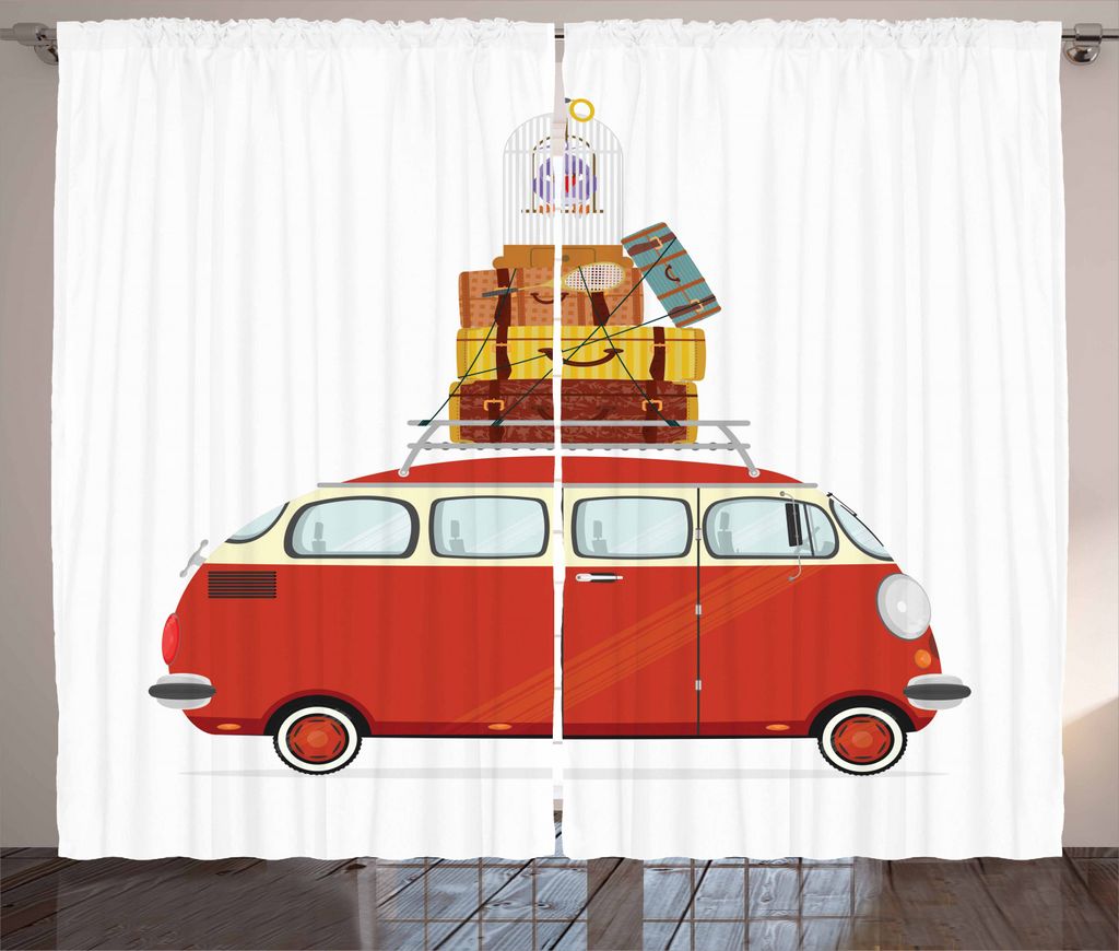 ABAKUHAUS Wohnmobil Rustikaler Vorhang, Cartoon Retro Minivan, Wohnzimmer Universalband Gardinen mit Schlaufen und Haken, 280 x 225 cm, Mehrfarbig