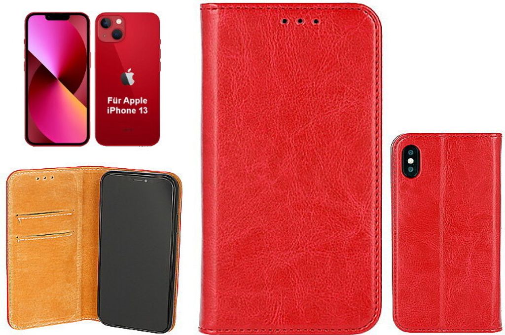 OLLI BookCase - für Apple iPhone 13 – REAL LEATHER red, aus handgefertigtem, rotem Echtleder