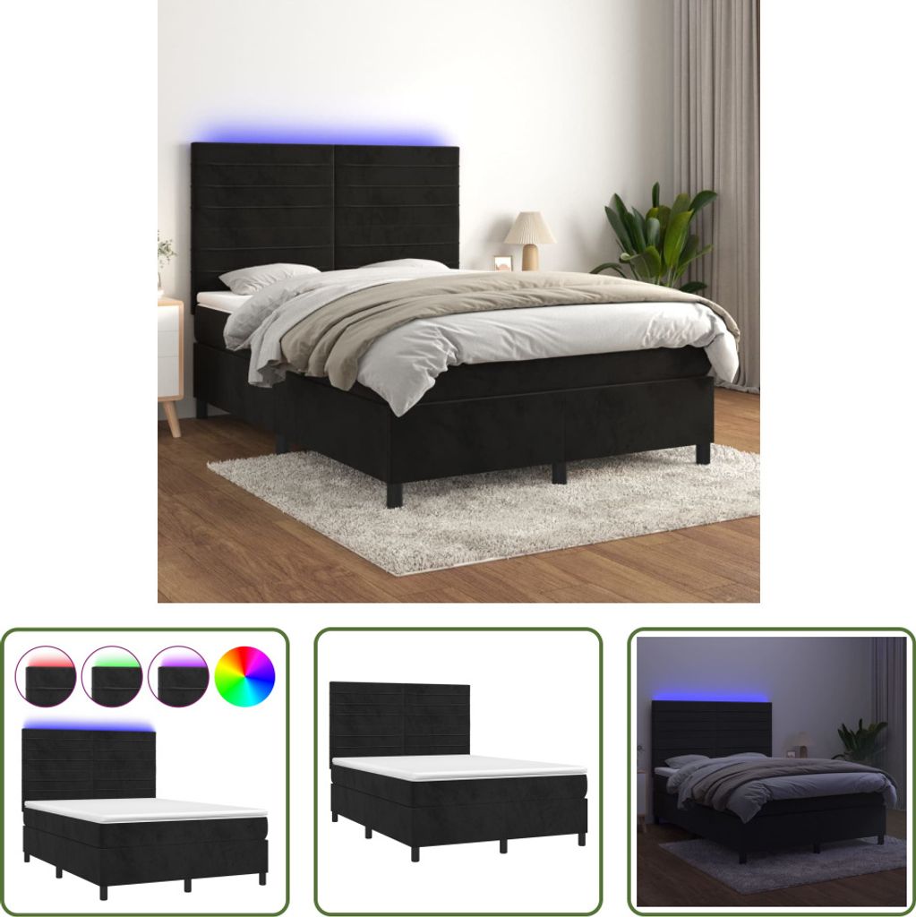 The Living Store Boxspringbett mit Matratze & LED Schwarz 140x190 cm Samt