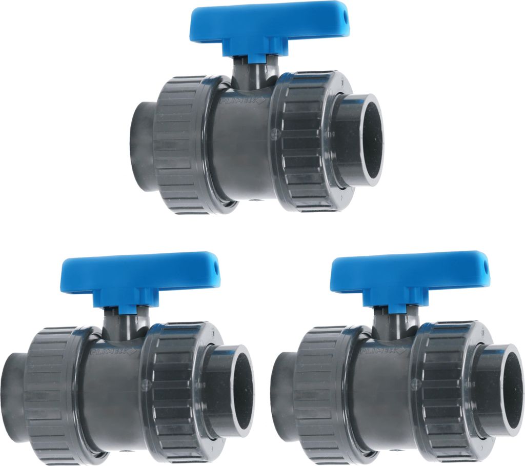 HAF 3x PVC 2 Wege Kugelhahn Blauer Griff mit 50mm | Klebemuffe x Klebemuffe | Absperrhahn aus grauem PVC-U | PN16 für PVC Verrohrung, Pool & Teich
