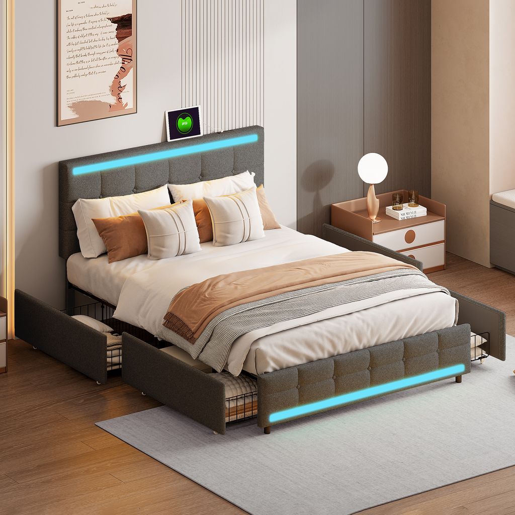 CDGlobal Polsterbett 140x200, LED Doppelbett mit USB Ladefunktion und 4 Schubladen, Bett Jugendbett Stauraumbett Funktionsbett Rückenlehne Bettges...