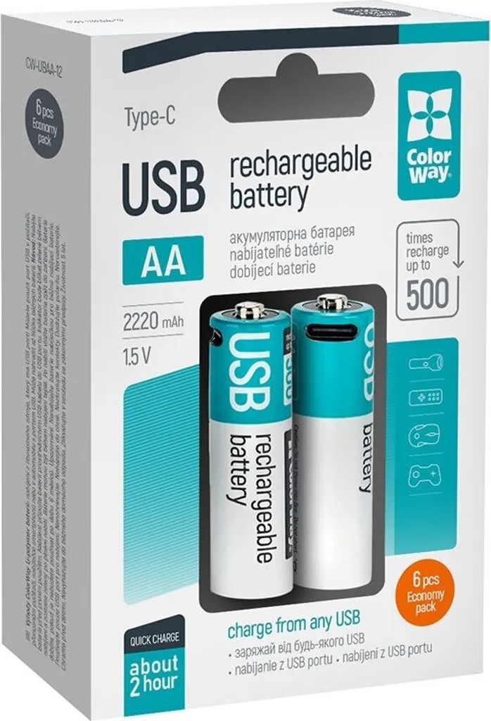 Batteries AA Rechargeables par USB-C 1,5V 2200mAh Colorway en Lot de 6
