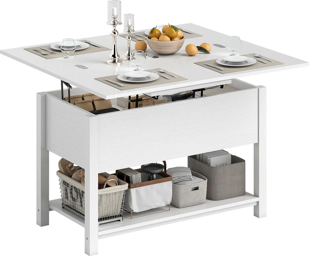 Table basse relevable moderne blanche avec étagère ouverte et coffre