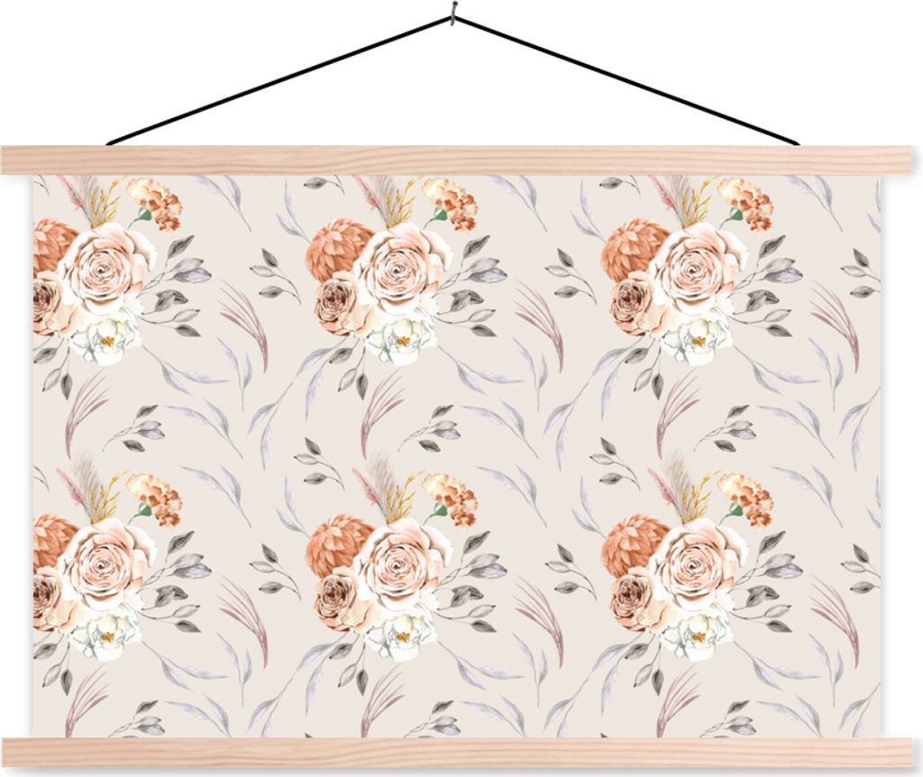 MuchoWow Textilposter Rosen - Blätter - Muster 60x40 cm mit holzfarbenen Rahmen - Bilder