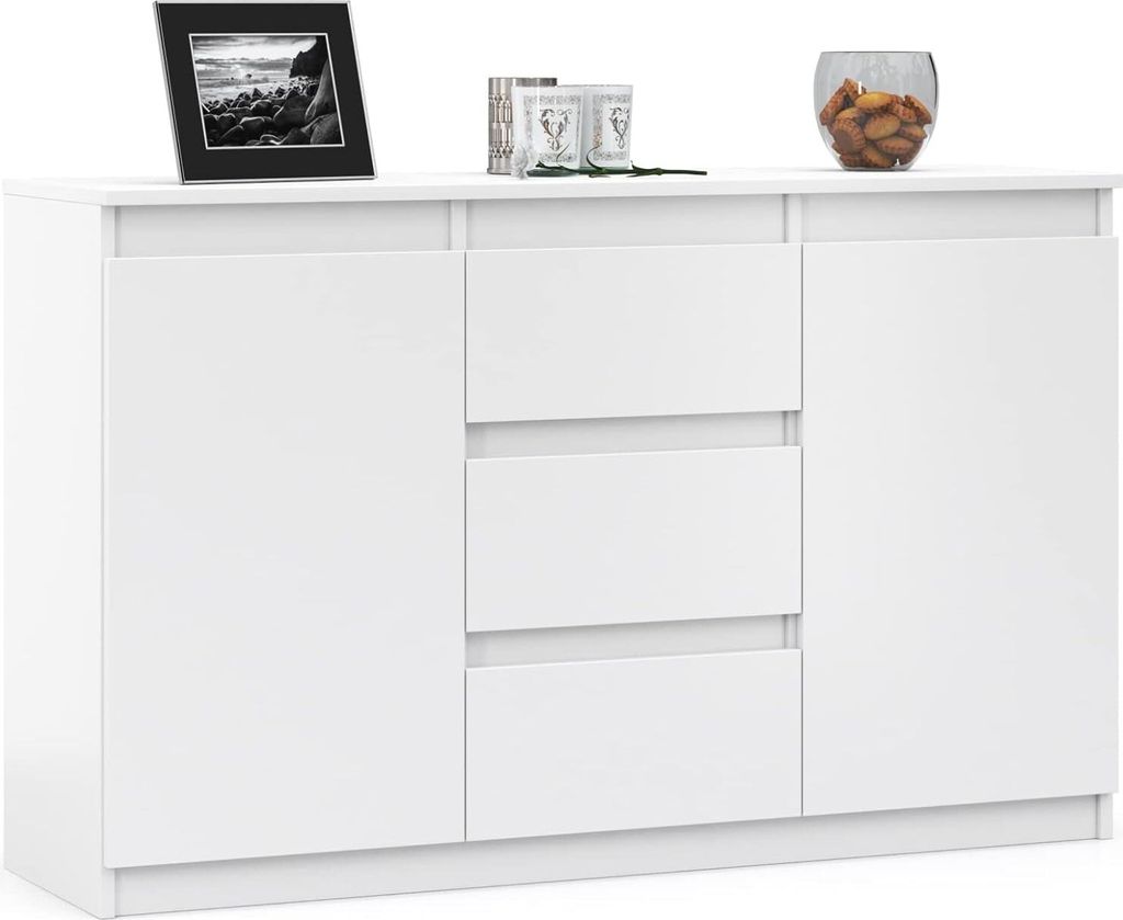 VBChome Kommode mit 3 Schubladen und 2 Türen 120 x 35 x 75 cm Weiß Grifflose Schubladenkommode Mehrzweckschrank für Flur Schlafzimmer Wohnzimmer...