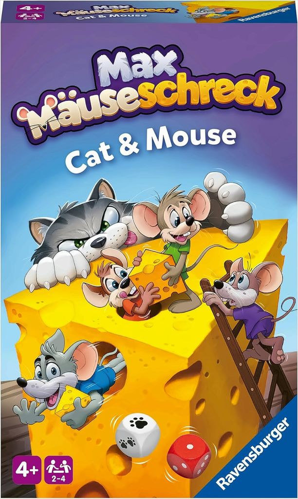 Ravensburger 22466 - Max Mäuseschreck- Kompaktes Katz & Maus Spiel für Kinder ab 4 Jahren, Würfel- und Sammelspiel für 2-4 Spieler