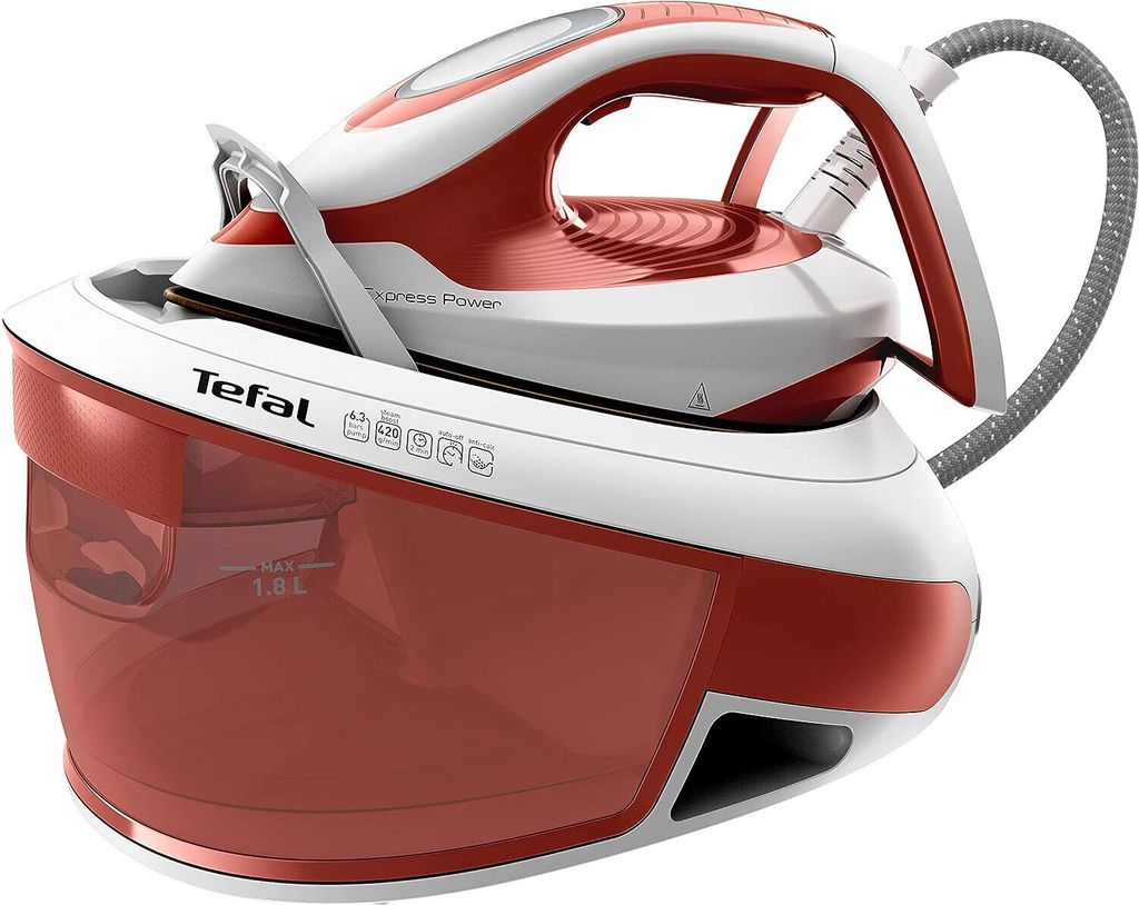 A steam generator iron and its base are shown against a white background.