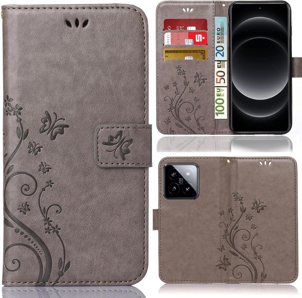 Handy Tasche für Xiaomi 14 Schutz Hülle Handyhülle mit Blumenmuster Klapp Hülle mit Standfunktion und Kartenfächer Grau
