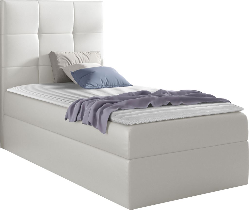 MIRJAN24 Boxspringbett Mini 2, Einzelbett mit Bettkasten für die Bettwäsche, mit Topper und Kopfteil (Soft 017, Größe: 90x200 cm, Seite: Links)