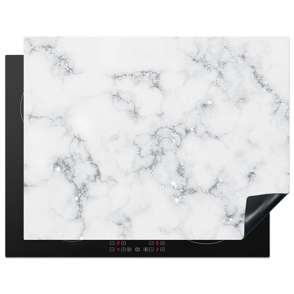KitchenYeah Herdabdeckplatte Marmor - Weiß - Silber - Glitter - Marmoroptik - Chic , 77x59cm, Küche Deko, Glaskeramikkochfeld Herdabdeckung, Ab...