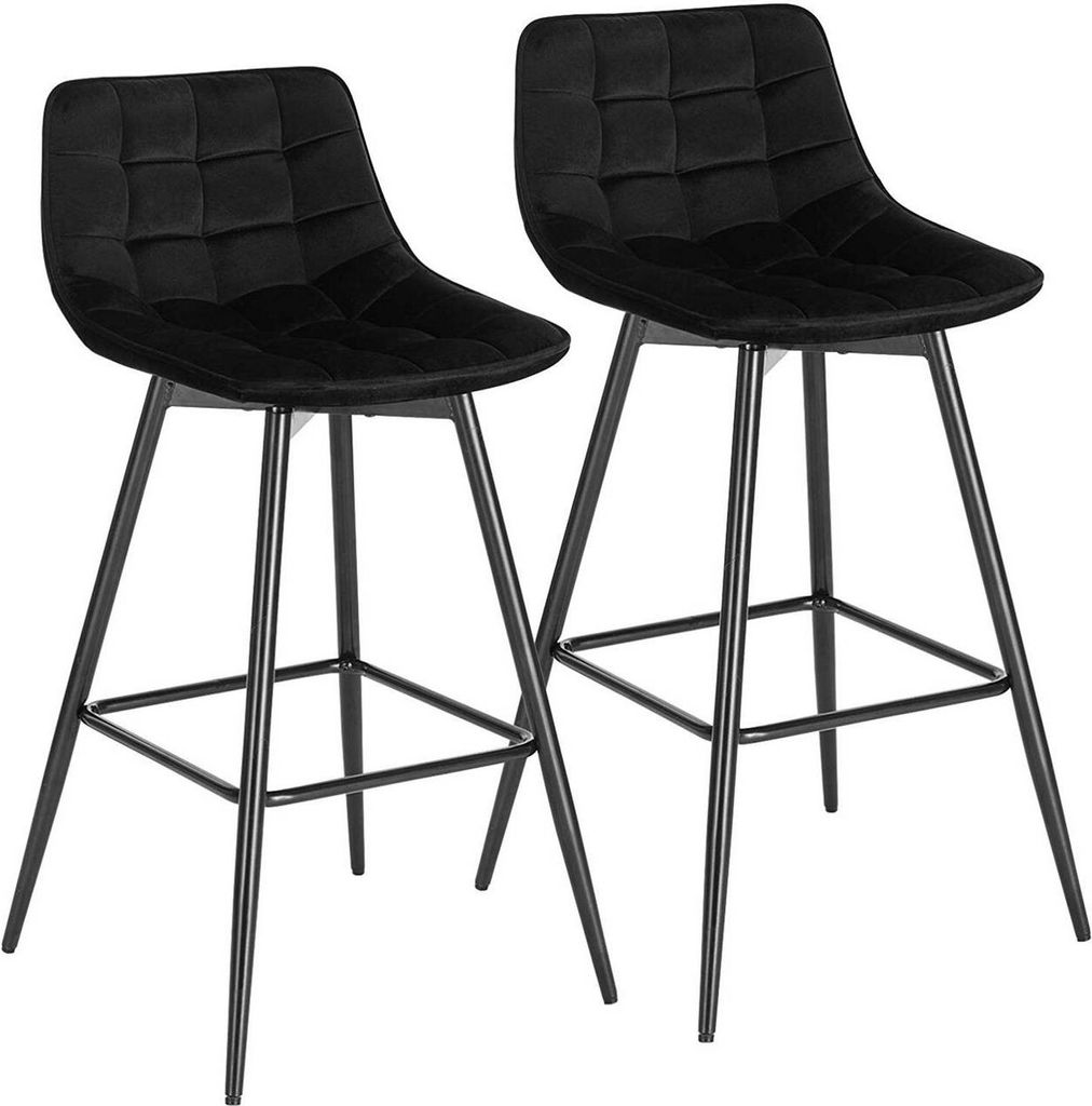 Two black bar stools are shown against a white background.
