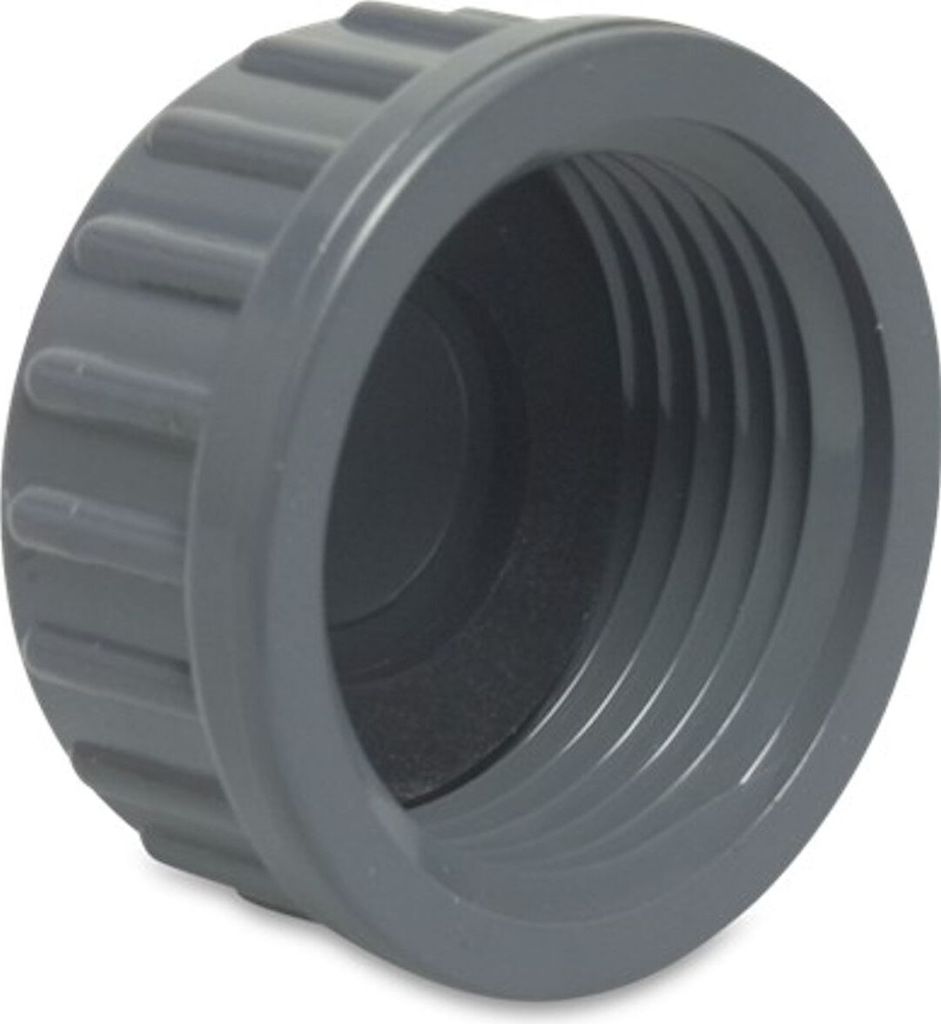 A close-up, studio shot of a gray PVC-U threaded cap.