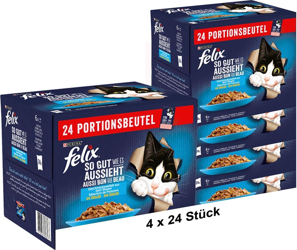 FELIX So gut wie es aussieht Katzenfutter nass in Gelee, Fisch Sorten-Mix, 4x24x85g (4x24x85g)