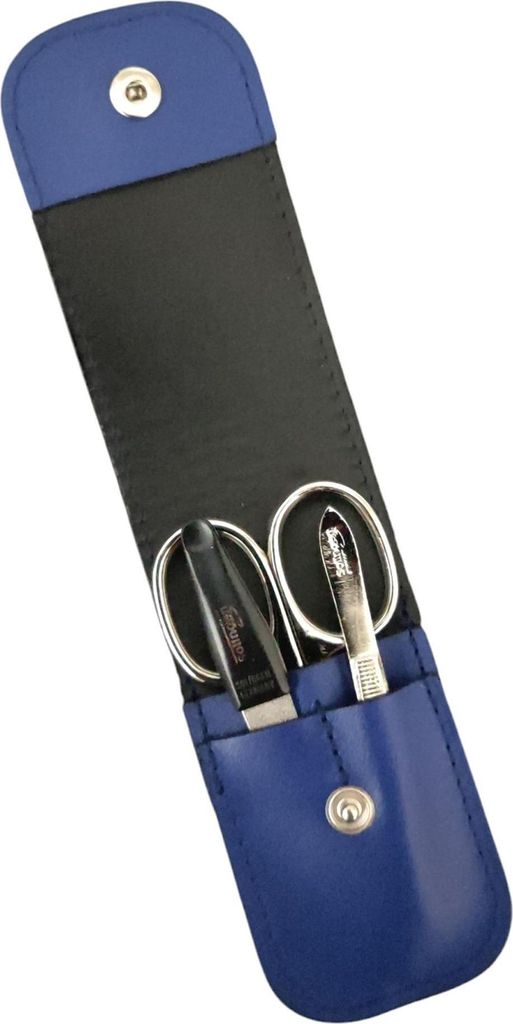3-teiliges Solingen Maniküre Set mit Leder Etui, Nagelschere, Feile, Pinzette, Germany Royalblau