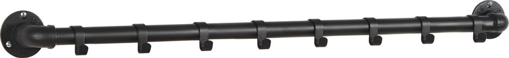 A black metal coat rack with 8 hooks mounted on a white background.