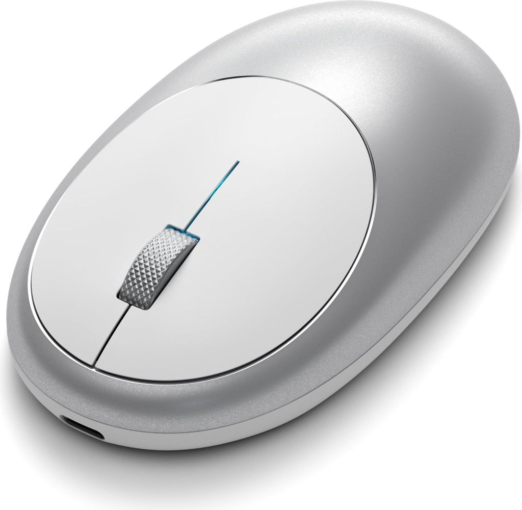 A silver and white wireless computer mouse is shown from a slightly elevated angle against a white background.