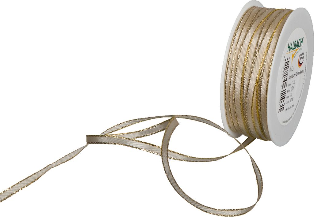 HALBACH Taftband 5 mm breit 30 m lang Dekoband Geschenkband Schleifenband Creme/Gold