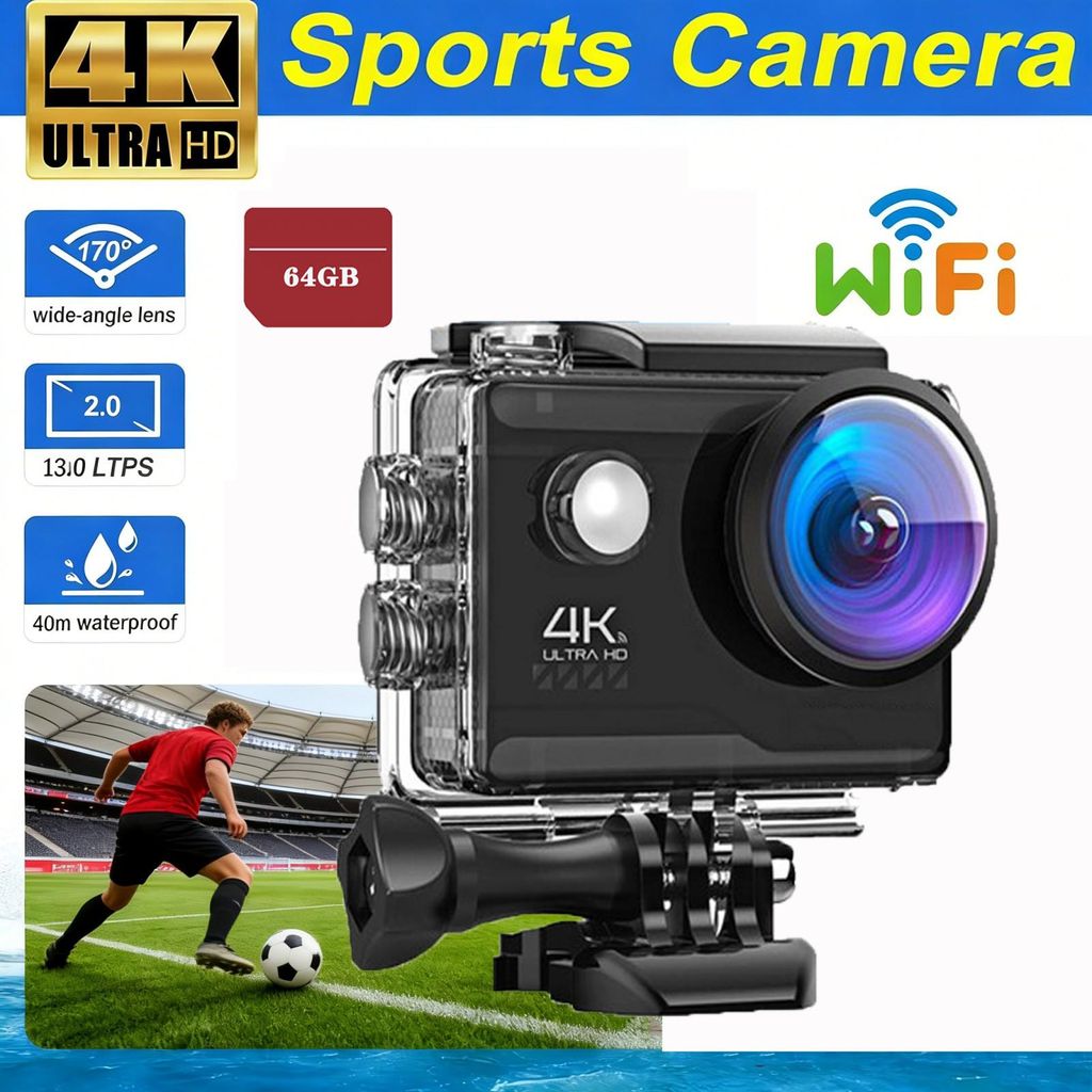 64G Karte Action Cam 4K60FPS 20MP WiFi Sportskamera Unterwasserkamera 40m Wasserdicht EIS Stabilisierung