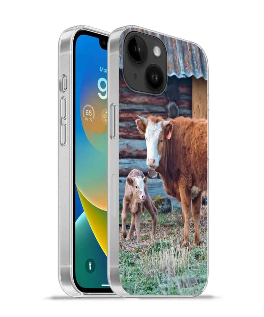 MuchoWow Handyhülle Schutzhülle Hülle für Apple iPhone 14 - Softcase Kuh - Stall - Gras - Kalb Silikon Softcase Handy Hülle - Mobiltelefonh...
