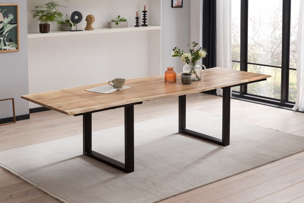 Esstisch Baumkante Akazie natur 180(280)x90 Ansteckplatten schwarz ADINA