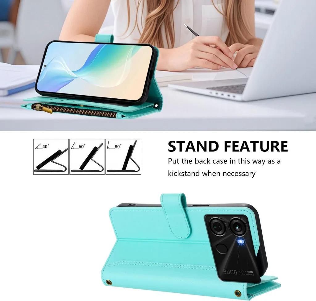 Cover Itel P40 Wallet Case - Custodia Verde Menta con Zip e Stand - 2
