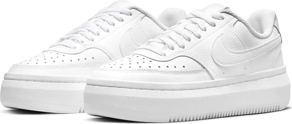A pair of white Nike Court Vision Alta LTR women's shoes are shown against a white background.