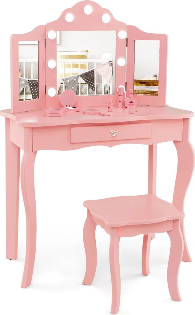 COSTWAY 2 in 1 per bambini, toletta con luci LED, specchio pieghevole e cassetti (rosa)
