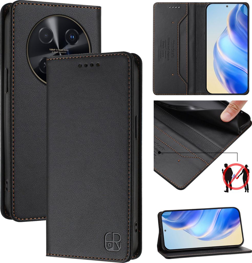 Lederhülle für Huawei nova 12i Hülle Flip Brieftasche Kartenfächern Ständer Schutzhülle Schwarz