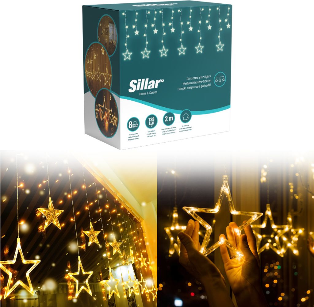 A collage of product packaging and lifestyle shots of star-shaped LED string lights.