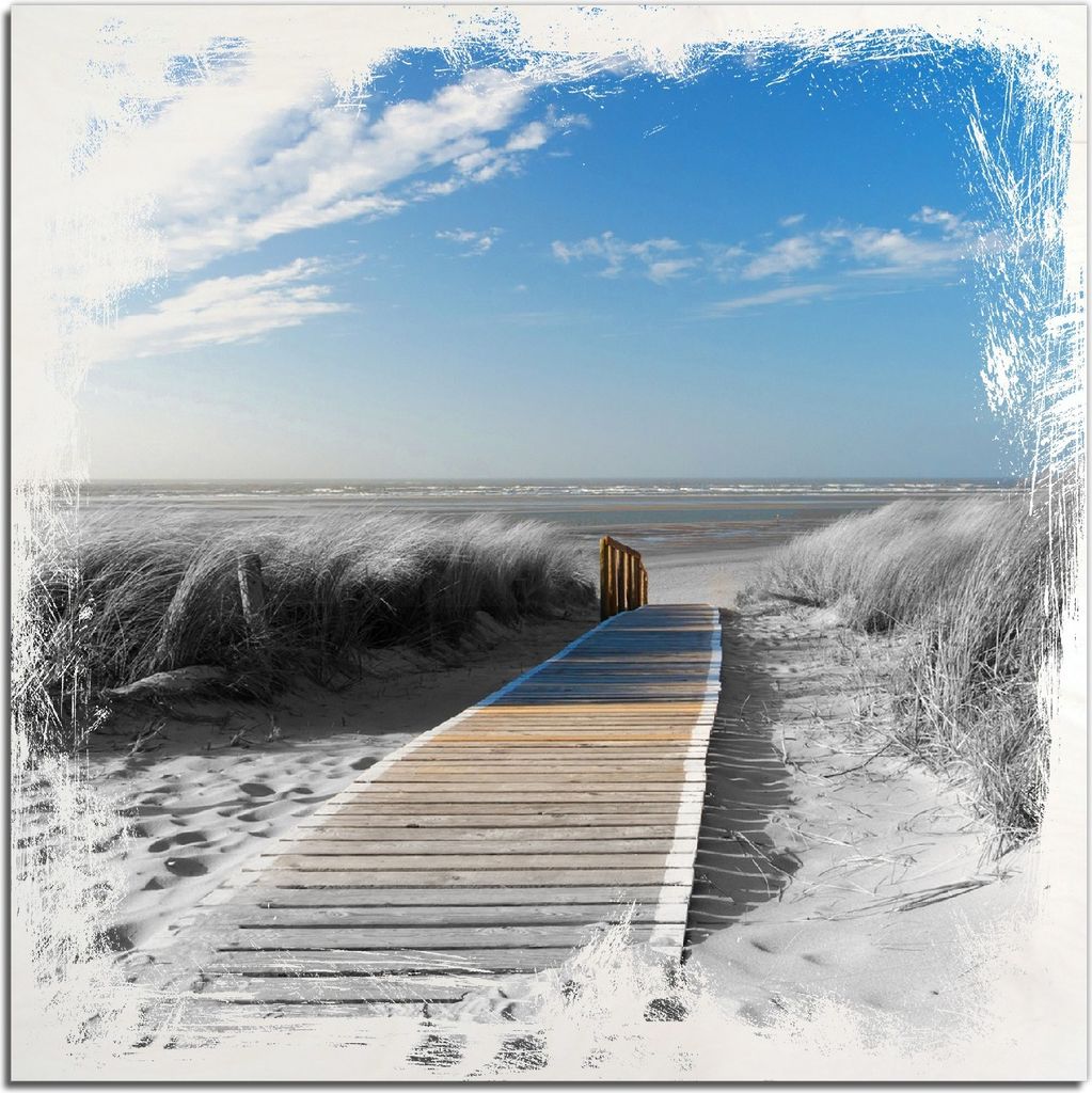 Kunstdrucke Wandbilder Holz in : Brillante Farben, Größe 50 x 50 cm Motiv Auf dem Holzweg zum Strand in schwarz-weiß Optik