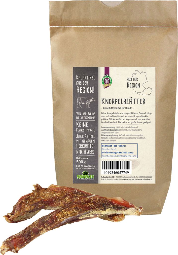 500g Schecker Knorpelblätter - Hundefutter - Dörrfleisch von jungen Kälbern - biegsam und nicht splitternd