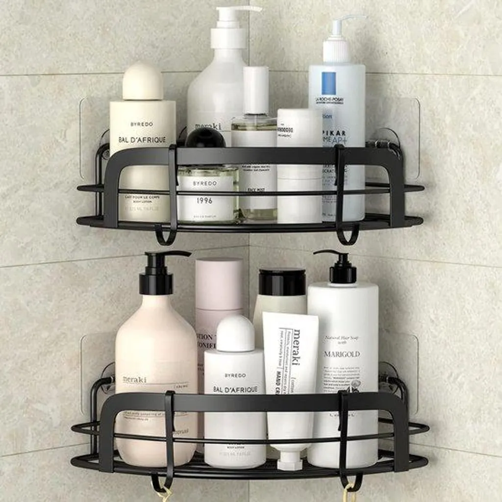 Étagères murales de douche d'angle noires en inox sans perçage - 2 pièces
