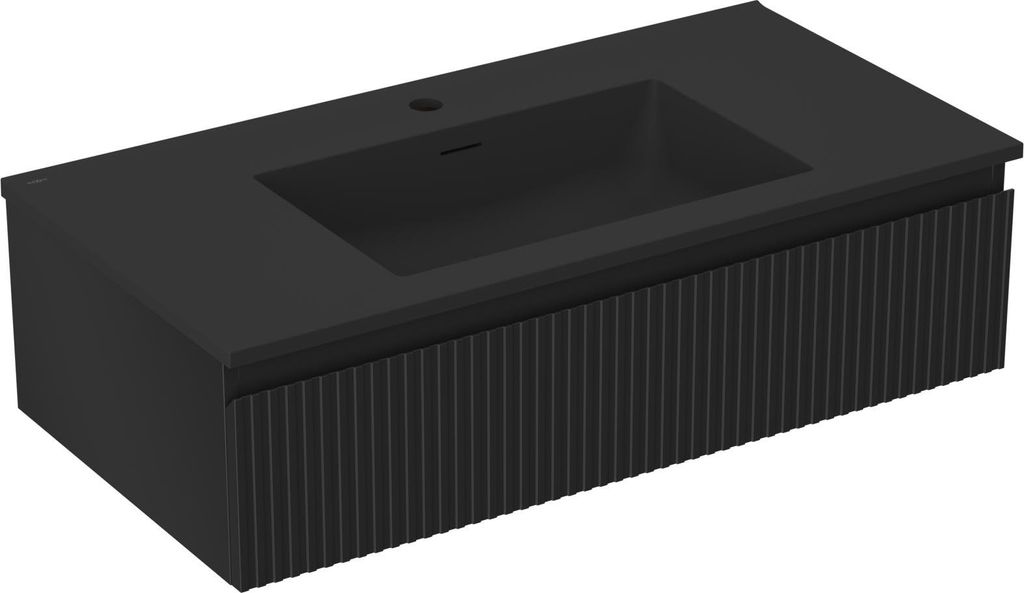 Mexen Rivel Badschrank 90 cm mit Waschbecken Otis, 1 Schublade, geriffelt, schwarz matt - 91A20-09023-1-BF71-W18M71