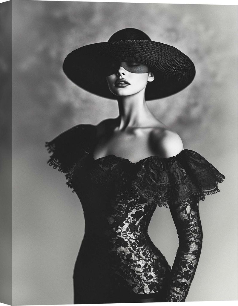 Kunstdruck auf Leinwand, Fashion Photo - Frau in Schwarz mit Hut – 60x40 cm