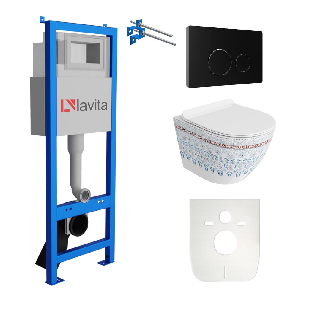 Lavita LAV 101 Vorwandelement für WC 40cm + Wand Hänge Tiefspül WC SOFI SLIM FOLKLOR Spülrandlos + Bedienplatte LAV 200.4.4 Schwarz | Kompletts...