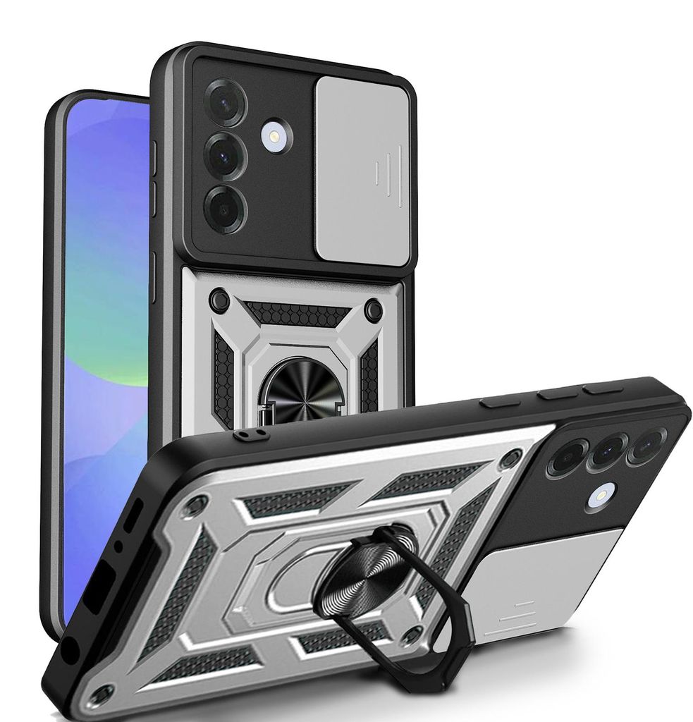 Outdoor Panzer Hülle für Samsung Galaxy A57 mit Kameraschutz Ringhalter Bumper Silber