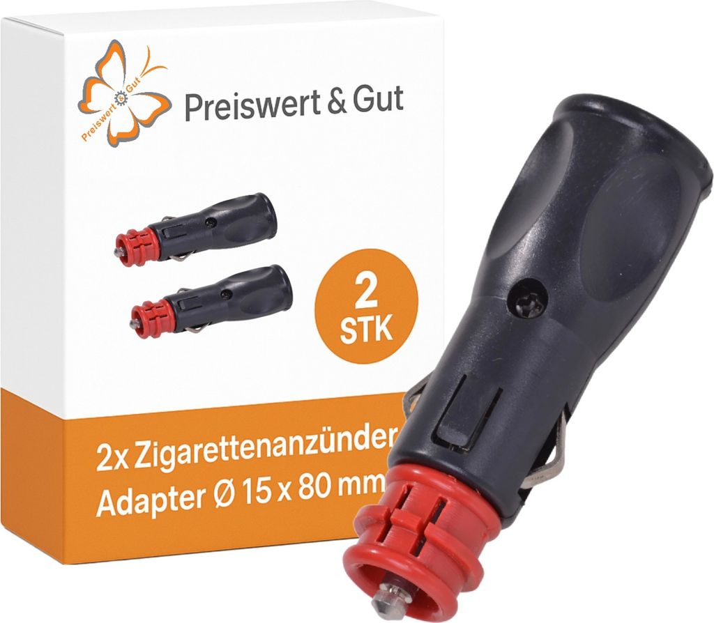 2x KFZ Stecker aus Kunststoff – Zigarettenanzünder Adapter Ø 15 x 80 mm mit eingebauter 8A Sicherung Steckdose Schwarz